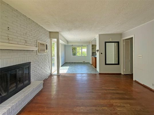 Empty room, Fireplace, Interior, Stone Walls, Wood Texture Flooring