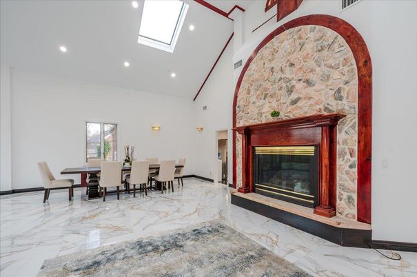Dining room, Fireplace, Interior, Marble, Recessed Lighting