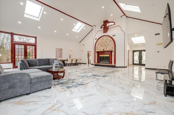 Dining room, Fireplace, Interior, Living room, Marble, Recessed Lighting