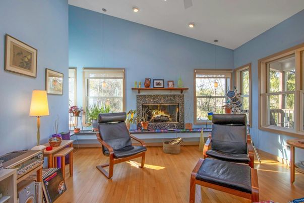 Fireplace, Interior, Recessed Lighting, Wood Texture Flooring