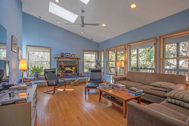Fireplace, Interior, Living room, Pendant Lights, Recessed Lighting, Wood Texture Flooring