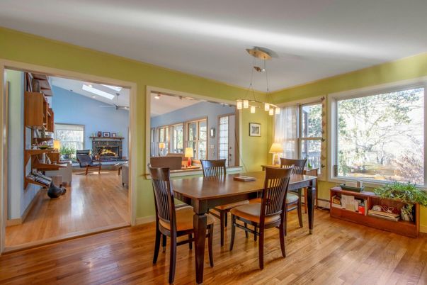 Dining room, Fireplace, Interior, Pendant Lights, Wood Texture Flooring