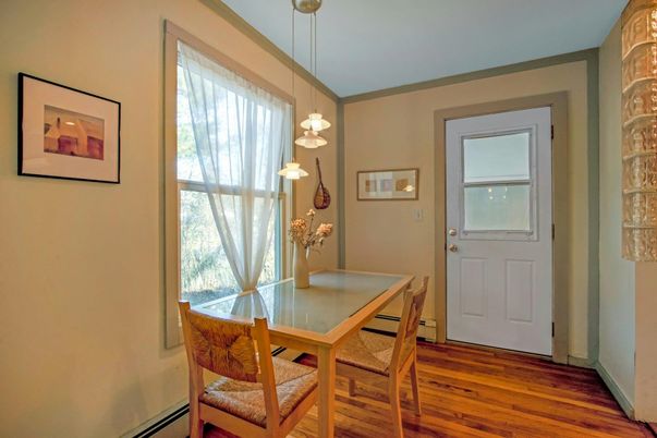 Dining room, Interior, Pendant Lights, Wood Texture Flooring