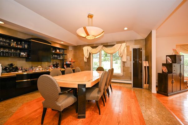 Dining room, Interior, Pendant Lights, Recessed Lighting, Wood Texture Flooring