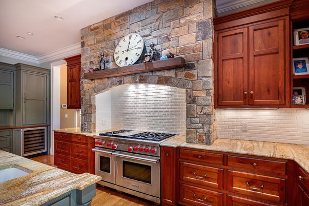 Interior, Kitchen, Recessed Lighting, Stainless Steel Appliances, Stone Walls, Wood Texture Flooring