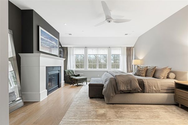 Bedroom, Fireplace, Interior, Recessed Lighting, Wood Texture Flooring
