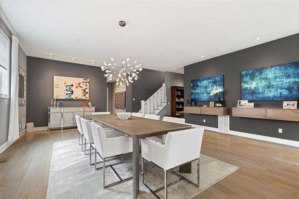 Dining room, Interior, Pendant Lights, Recessed Lighting, Wood Texture Flooring