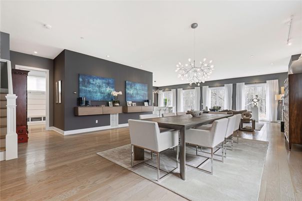Dining room, Interior, Living room, Pendant Lights, Recessed Lighting, Wood Texture Flooring