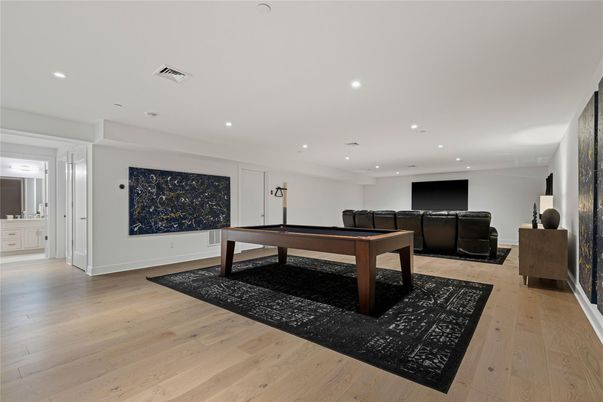 Billiard Table, Game Room, Interior, Recessed Lighting, Wood Texture Flooring