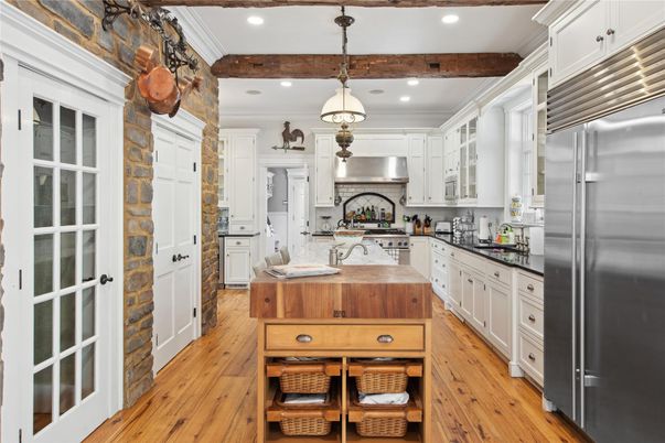 Interior, Kitchen, Pendant Lights, Recessed Lighting, Stainless Steel Appliances, Wooden Beams, Wood Texture Flooring