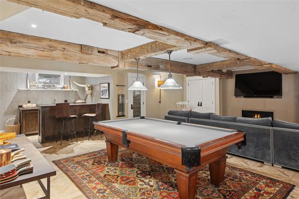 Billiard Table, Fireplace, Game Room, Interior, Pendant Lights, Recessed Lighting, Wood Texture Flooring
