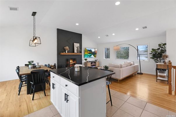 Dining room, Fireplace, Interior, Kitchen, Living room, Pendant Lights, Recessed Lighting, Wood Texture Flooring