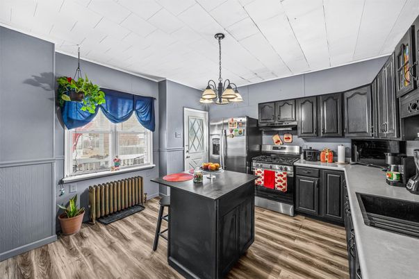 Interior, Kitchen, Pendant Lights, Stainless Steel Appliances, Wood Texture Flooring