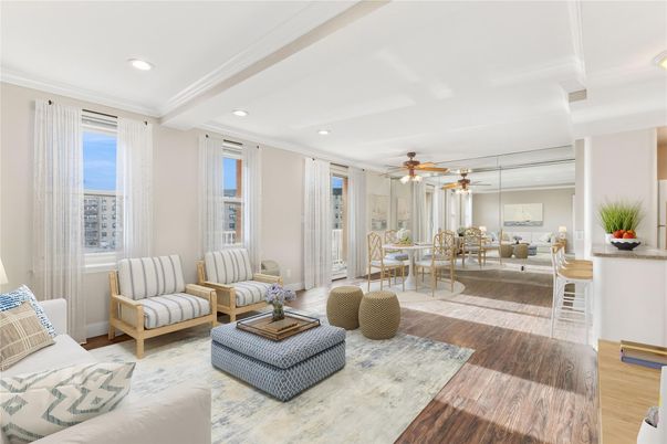 Dining room, Interior, Living room, Recessed Lighting, Wood Texture Flooring