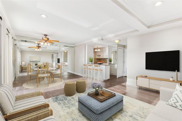 Dining room, Interior, Kitchen, Living room, Recessed Lighting, Wood Texture Flooring