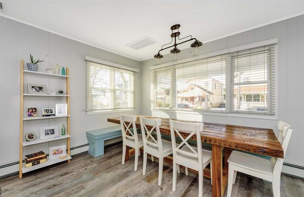 Dining room, Interior, Pendant Lights, Wood Texture Flooring