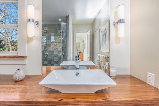 Bathroom, Glass Shower, Interior, Recessed Lighting, Wood Texture Flooring