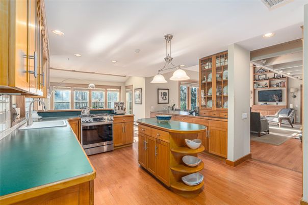 Interior, Kitchen, Pendant Lights, Recessed Lighting, Wood Texture Flooring