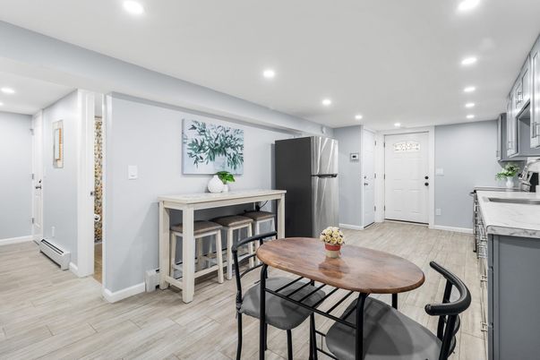 Dining room, Interior, Kitchen, Recessed Lighting, Stainless Steel Appliances, Wood Texture Flooring
