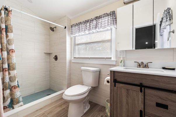 Bathroom, Glass Shower, Interior, Wood Texture Flooring