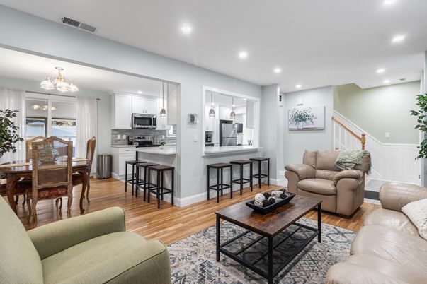 Chandelier, Dining room, Interior, Kitchen, Living room, Recessed Lighting, Stainless Steel Appliances, Wood Texture Flooring