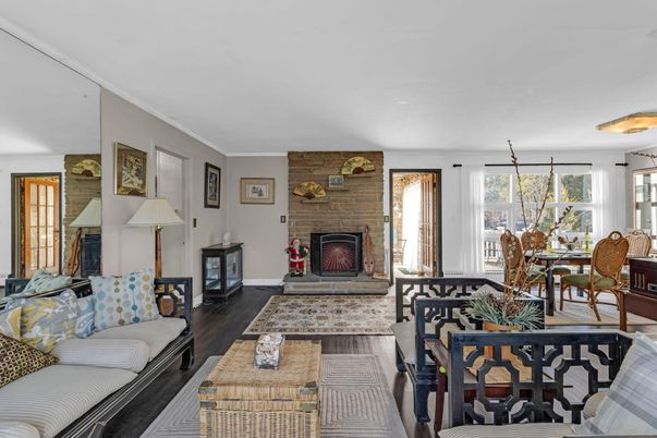 Dining room, Fireplace, Interior, Living room, Stone Walls, Wood Texture Flooring