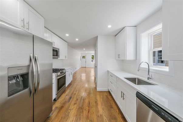 Interior, Kitchen, Recessed Lighting, Stainless Steel Appliances, Wood Texture Flooring