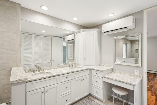 Bathroom, Dual Sink Vanities, Interior, Recessed Lighting, Wood Texture Flooring