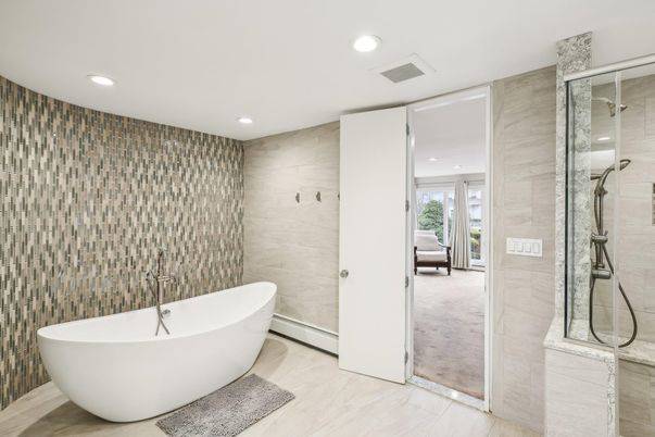 Bathroom, Free Standing Baths, Glass Shower, Interior, Marble Walls, Recessed Lighting
