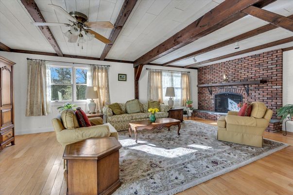 Fireplace, Interior, Living room, Stone Walls, Wooden Beams, Wood Texture Flooring