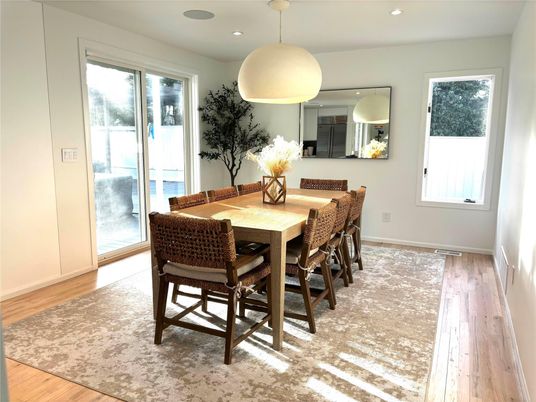 Dining room, Interior, Pendant Lights, Recessed Lighting, Wood Texture Flooring