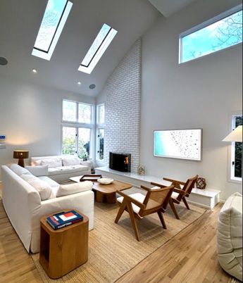 Fireplace, Interior, Living room, Recessed Lighting, Stone Walls, Wood Texture Flooring