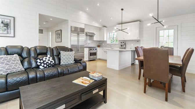 Dining room, Interior, Kitchen, Living room, Pendant Lights, Recessed Lighting, Stainless Steel Appliances, Wood Texture Flooring