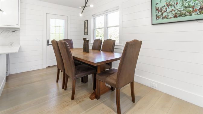 Dining room, Interior, Pendant Lights, Wood Texture Flooring