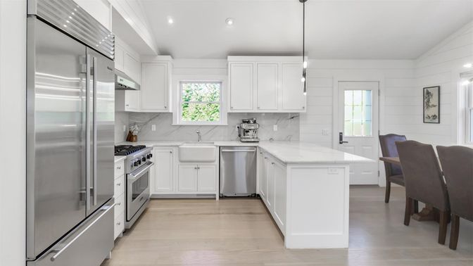 Interior, Kitchen, Pendant Lights, Recessed Lighting, Stainless Steel Appliances, Wood Texture Flooring