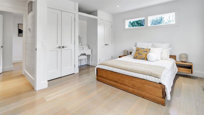 Bedroom, Interior, Recessed Lighting, Wood Texture Flooring