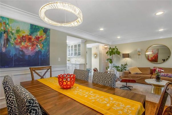 Dining room, Interior, Living room, Pendant Lights, Recessed Lighting, Wood Texture Flooring