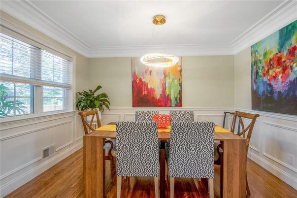 Dining room, Interior, Pendant Lights, Wood Texture Flooring
