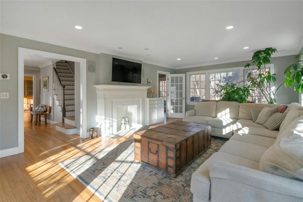 Fireplace, Interior, Living room, Recessed Lighting, Wood Texture Flooring