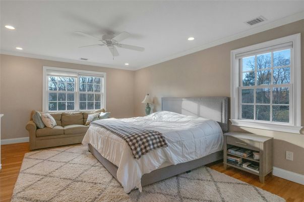 Bedroom, Interior, Recessed Lighting, Wood Texture Flooring