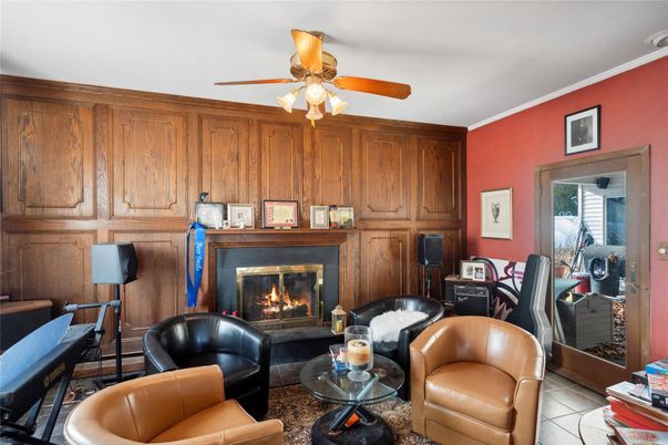 Fireplace, Home Office, Interior, Living room, Wooden Walls