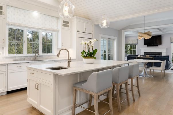 Dining room, Fireplace, Interior, Kitchen, Pendant Lights, Wood Texture Flooring