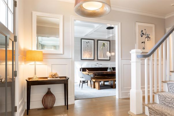 Dining room, Interior, Pendant Lights, Piano, Wood Texture Flooring