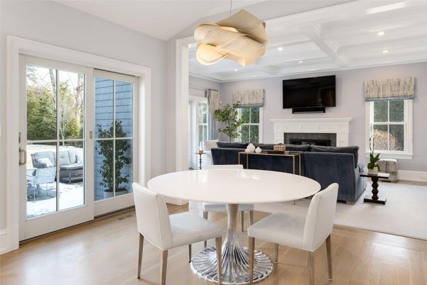 Dining room, Fireplace, Interior, Living room, Pendant Lights, Recessed Lighting, Wood Texture Flooring