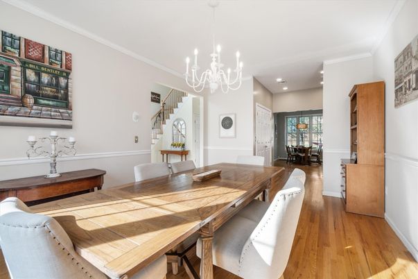 Chandelier, Dining room, Interior, Recessed Lighting, Wood Texture Flooring