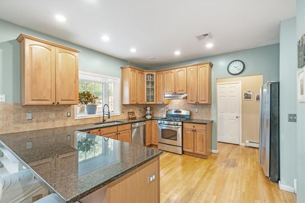 Interior, Kitchen, Recessed Lighting, Stainless Steel Appliances, Wood Texture Flooring