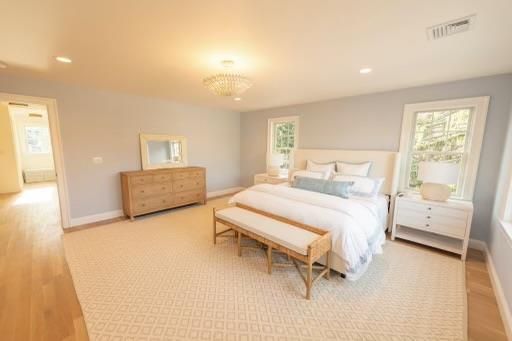 Bedroom, Chandelier, Interior, Recessed Lighting, Wood Texture Flooring