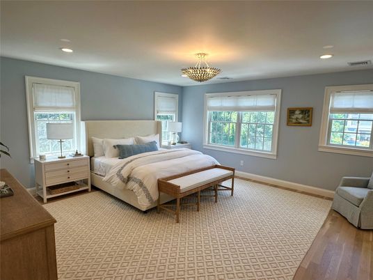 Bedroom, Chandelier, Interior, Recessed Lighting, Wood Texture Flooring