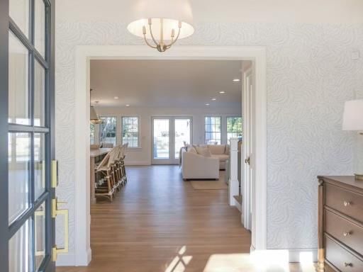 Chandelier, Dining room, Interior, Living room, Pendant Lights, Recessed Lighting, Wood Texture Flooring