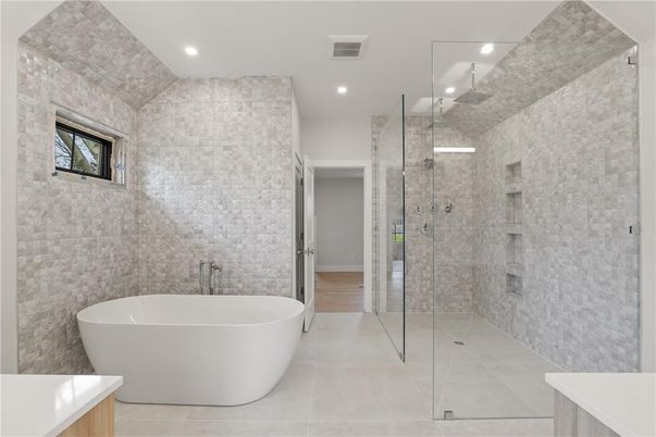 Bathroom, Free Standing Baths, Glass Shower, Interior, Recessed Lighting